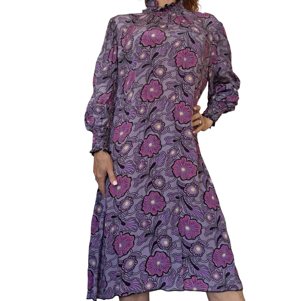 Anna Sui USA Dress XL Purple Floral smocked high neck 70'S Vintage Boho Chic - Picture 3 of 14